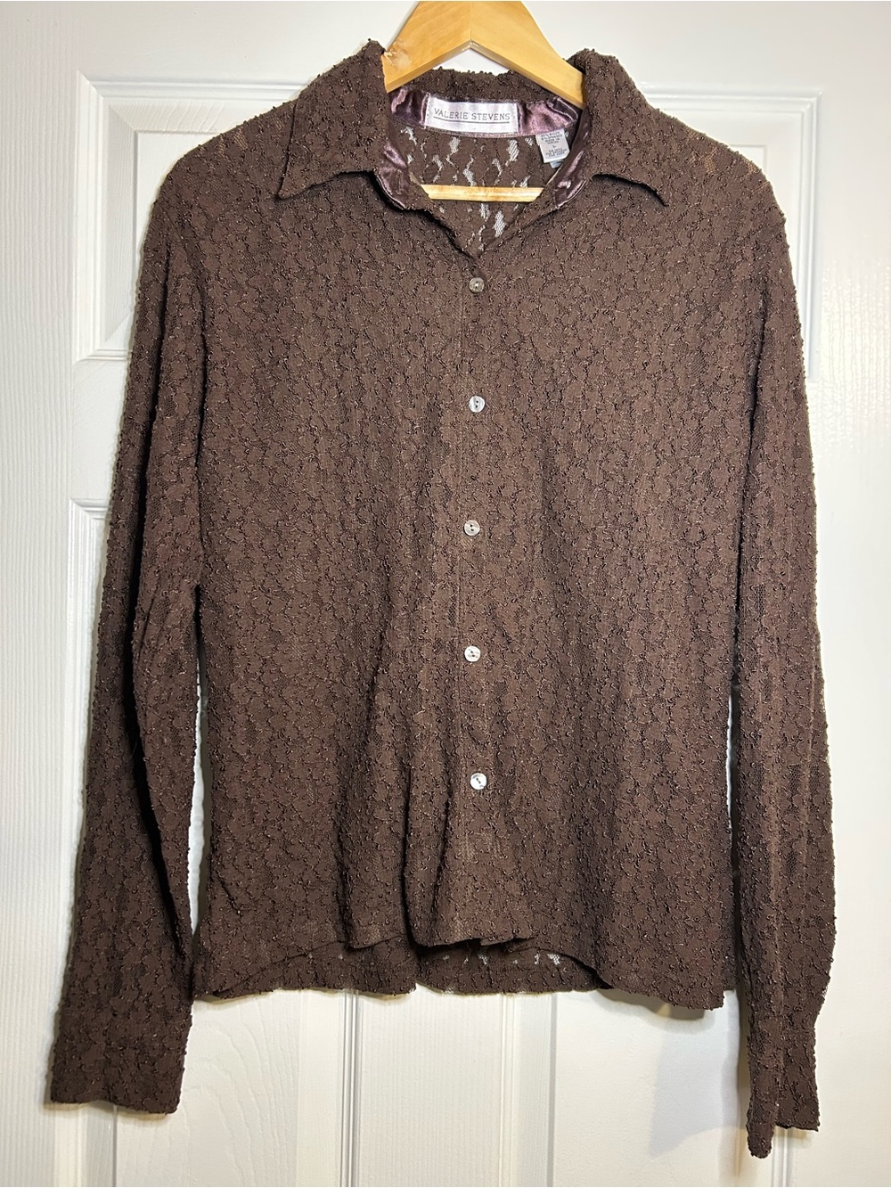 Valerie Stevens Women’s Brown Lace Button Front Blouse Top Size L Y2K